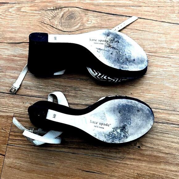 Preloved- Kate Spade Sandals Heels Black Ivory Leather Pom Pom Platform Wedges 8 - Picture 8 of 10